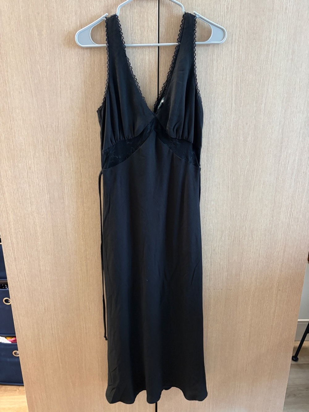 wild fable Black Lace-Trim Maxi Slip Dress with Deep V